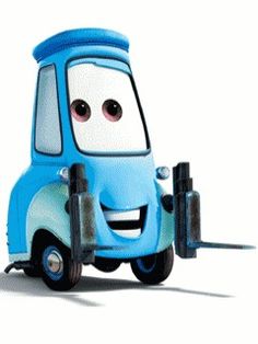 a cartoon character is driving a blue truck