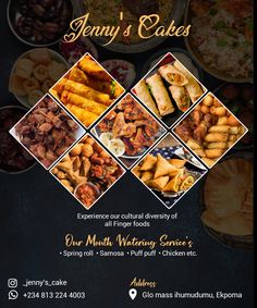 the menu for jenny's cakes is shown with pictures of different types of food