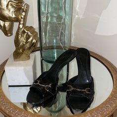 Gucci Monogram Heel Sandal These Are A Vintage Pair. The Item Has Light Scuffs (Picture Added) These Are A Kitten Heel About 1-2 Inches. Size 39 1/2 Gucci Monogram, Gucci Black, Gucci Shoes, Shoes Women Heels, Kitten Heels, Sandals Heels, Shoes Heels, Gucci, Monogram