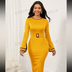 Lady Contrast Binding Flounce Sleeve Belted Bodycon Dress Yellow & Black Elegant Yellow Long Sleeve Bodycon Dress, Fitted Yellow Belted Dress, Elegant Yellow Belted Dress, Celestial Dress, Black Women Dress, Long Sleeve Evening Dresses, Shein Dress, Floor Length Gown, Shein Dresses