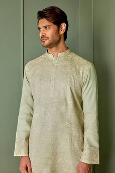 Olive green tussar silk kurta with all over floral jaal pattern and tonal resham embroidery. Paired with contrast pyjama. - Aza Fashions Tussar Silk Kurta, Resham Embroidery, Resham Work, Kurta Set For Men, Silk Kurta, Fashion App, Kurta Set, Embroidered Silk, Aza Fashion