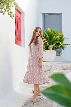 🌺   ATHENA  Introducing our new collection of bohemian, vibrant hand block print dresses! Delicately embellished with pintuck detailing that catches the eyes, this beautiful midi dress has a button down front and an A-line skirt which creates a flattering silhouette. Styling details include a collared neck, frilly skirt and side pockets for extra comfort. Sizings Size S : Shoulders 38cm - 14.9"   Bust 96cm - 37,7" Waist 86cm - 33.8" Length approx. 112cm - 44"   Size M : Shoulders 40cm - 15.7" Frilly Skirt, Beautiful Midi Dresses, Print Dresses, Bohemian Dress, Ethical Fashion, Dress Clothes For Women, Dusty Rose, Boho Dress, A Line Skirts