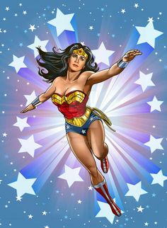 wonder woman flying through the air with stars in the background and blue sky behind her