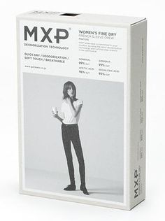 a box with an image of a woman in black pants and white shirt on it