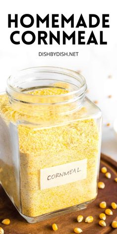 homemade cornmeal dish in a glass jar on a cutting board with text overlay