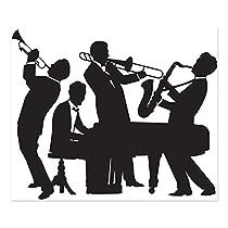 a black and white silhouette of three men playing musical instruments