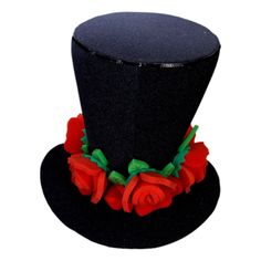 This Red Roses Black Bride Hat will definitely make you stand out at your next Party, Hora Loca, Wedding, Corporate Event, Birthday, Quinceanera, or Halloween Party! It can be used as a wedding hats, top hats, photo booth props, or a party favor. Novelty High Crown Costume Hats For Parties, Novelty Top Hat For Halloween Party, Halloween Novelty Top Hat For Party, Halloween Party Costume Hats, Halloween Party Felt Hat, High Crown Halloween Costume Hat For Party, Adjustable Felt Hat For Halloween Party, Halloween Party Costume Hat With High Crown, Halloween Party Adjustable Felt Hat