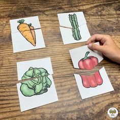 four pictures of vegetables are being cut out to make the vegetable matching game for kids