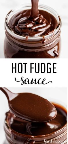 a spoon full of hot fudge sauce on top of a jar with the words hot fudge sauce above it