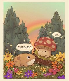 two cartoon characters sitting in the grass with flowers and trees behind them, one has a mushroom on his head