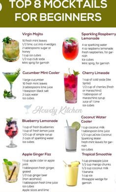 the top 8 cocktails for beginners is shown in this poster, which shows how to