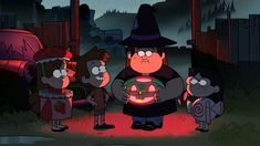 cartoon characters standing in front of a red light with an evil witch holding a glowing pumpkin