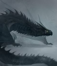 a large black dragon standing on top of snow covered ground