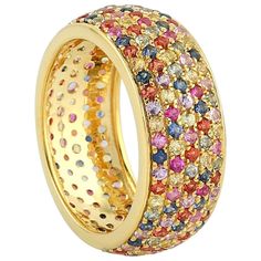 This stunning ring has been meticulously crafted from 18-karat gold and 3.12 carat multi sapphire. The ring is a size 6.5 and may be resized to larger or smaller upon request. FOLLOW MEGHNA JEWELS storefront to view the latest collection & exclusive pieces. Meghna Jewels is proudly rated as a Top Seller on 1stDibs with 5 star customer reviews. All items manufactured by us are handmade and can be customized or redesigned. Composition Size-US-6.5 Total Weight-5.1 Gold Weight(Gms)-4.476 Multi Sapph Pave Ring Band, Sapphire Eternity Band, Sapphire Band, Multi Sapphire, Blue Sapphire Diamond, Eternity Band Ring, Bridal Bands, Gold Band Ring, Modern Ring