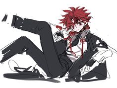 an anime character with red hair sitting on the ground