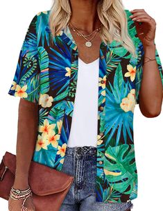 PRICES MAY VARY. Women hawaiian shirt, tropical luau outfit, lightweight, silky soft, cool and skin-friendly. NOT SEE-THROUGH Women's hawaiian tropical shirt features vibrant colors, all-over island-inspired patterns, classic v neck, and unqiue coconut shell buttons V neck short sleeve luau party outfit, island shirt, boho beach top, vacation top, cruise wear, resort wear；relaxed fit, long enough to cover hips Great summer hawaiian tops for beach, travel, vacation, cruise, hawaiian themed party, Luau Party Outfit, Hawaiian Themed Party, Luau Outfits, Tropical Outfit, Shirt Blouses Women's, Summer Soft, Loose Fit Shirts, Shirt Casual Style, Shirts Short Sleeve