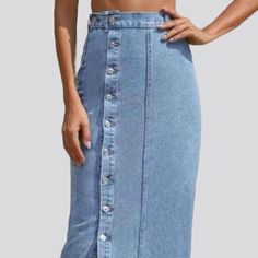 Transform your wardrobe with our light-wash vintage jean skirt from the 2024 Summer Collection, a must-have for all 90s fashion lovers. This long skirt features a high-waist and buttoned closure, adding a touch of vintage charm to your look.Distinctive Features: 90s Nostalgia: Immerse yourself in the iconic vogue of the Nineties with this skirt, a symbol of youthful exuberance and chic sophistication. Long and Lovely: Its lengthy length guarantees a flattering silhouette, perfect for any occasion. Light-Wash Perfection: The light-wash finish gives it a vintage vibe, adding a touch of character to your wardrobe. Vintage Charm: With its high-waist and buttoned closure, this skirt exudes vintage charm, perfect for adding a unique touch to your outfit. Effortless EleganceDesigned with the mode Non-stretch High-waisted Skirt With Button Closure, High-waisted Non-stretch Skirt With Button Closure, Summer Button-up Denim Skirt In Denim Blue, Summer Button-up Denim Blue Denim Skirt, Summer Button-up Denim Blue Skirt, Non-stretch Denim Skirt With Button Closure For Spring, Medium Wash Cotton Denim Skirt With Button Zip Fly, High Rise Fitted Denim Skirt With Button Closure, Medium Wash Denim Skirt With Button Zip Fly