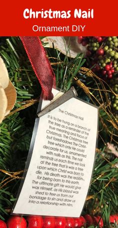 an ornament hanging from a christmas tree with red berries and greenery around it