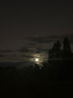 the moon is shining brightly in the night sky over some trees and houses on a hill