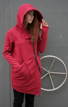 "Womens Hoodies, Red Sweatshirt, Plus Size Clothing Express Shipping to the USA, UPS Courier for free Delivery 3-5 Business Days Thanks for your love for the Hoodie/Coat ♥ About this product... Zip up sweatshirt hoodie. An asymmetrical sweatshirt with capacious and comfortable pocket and side hidden pocket. Long sleeve sweatshirt with thumb holes which make it warm and comfortable. Wide and capacious hood :) Good quality, soft fabric which stretches slightly to fit your body and is therefore ver Red Hooded Coat, Asymmetrical Sweatshirt, Pixie Outfit, Old Sweatshirt, Plus Size Hoodie, Womens Hoodie, Sweatshirt Zipper, Hoodie Coat, Sweat Hoodie