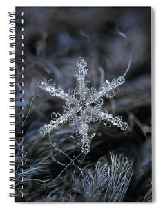 a snowflake is seen in this black and white photo spiral notebook with an abstract background