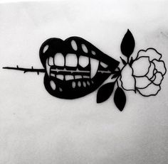 a black and white drawing of a rose with teeth on it's side, in the shape of a mouth