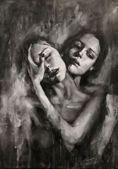 a black and white painting of a woman with her arm around a man's chest