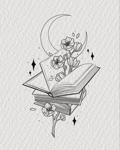 Book stocked tattoo with flowers and the moon design for tattoo Reader Tattoo, Reading Tattoo, Fantasy Tattoos, Book Tattoo, Book Drawing, Simplistic Tattoos