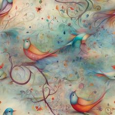 an artistic painting with colorful birds and swirls