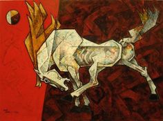 an abstract painting of a horse on a red background