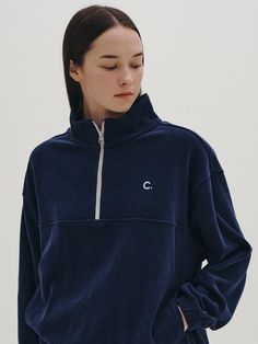 Composition : Cotton 100%Country of Origin : Republic of Korea Navy Half-zip Sweatshirt For Fall, Navy Sporty Half-zip Top, Sporty Navy Half-zip Top, Navy Half-zip Winter Sweatshirt, Blue Half-zip Tops With Ribbed Cuffs, Navy Tops For Winter Loungewear, Blue Half-zip Lounge Top, Blue Half-zip Top For Loungewear, Half Zip Sweatshirt