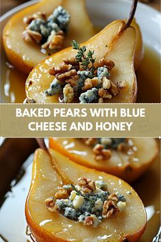 baked pears with blue cheese and honey are on a white plate, ready to be eaten