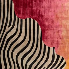 an abstract painting with black and white stripes on pink, orange, yellow and red colors