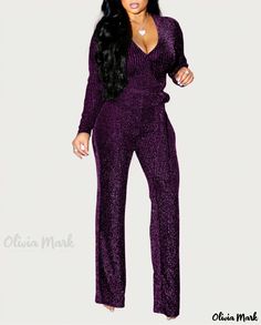 Olivia Mark - Winter Fashionable Metallic Threaded Drawstring Jumpsuit Purple Fitted Jumpsuits And Rompers For Party, Fitted Purple Jumpsuits And Rompers For Date Night, Purple Long Sleeve Jumpsuit For Night Out, Fitted Purple Jumpsuits And Rompers For Night Out, Drawstring Jumpsuit, Winter Wardrobe Essentials, Leather Jumpsuit, Polka Dot Jumpsuit, Floral Print Jumpsuit