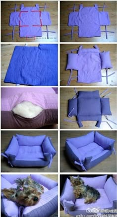 the instructions for how to make a dog bed out of an old couch and pillows