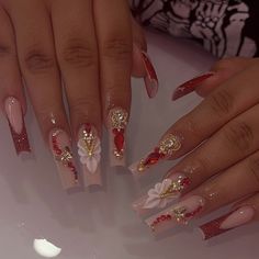 Sweet 16 Nails, Prom Nails Red, Red And White Nails, Red And Gold Nails, Red Quince, Gold Acrylic Nails, Red Acrylic Nails