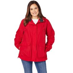 This lightweight water-resistant jacket is perfect in all seasons. Made with an adjustable drawstring hood, an optional zip-out fleece lining keeps you warm in cooler weather. A zip front with snap placket, a drawstring hem and elastic cuffs keep out wind and rain. Womens Tailored Suit, Water Resistant Jacket, Rain Jacket Women, Womens Crewneck, Woman Within, Swimsuits For All, Fleece Coat, Linen Women, Puffer Coat