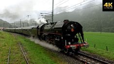 a train traveling down tracks next to a lush green field covered in fog and clouds