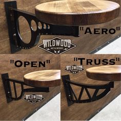 three different views of a wooden table with metal brackets on the top and below it