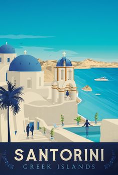 an image of a travel poster for the greek island of san antonio, with blue domed buildings and palm trees