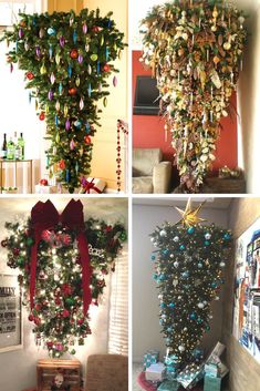 christmas decorations are hanging on the wall and decorated with ribbons, bows, and ornaments