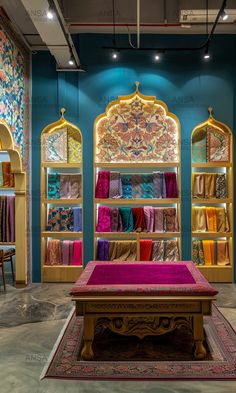 a room filled with lots of different colored fabrics on shelves next to a table and chairs