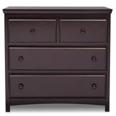 a dark brown dresser with three drawers and two pulls on the bottom, in front of a white background