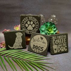 three stone coasters with dog designs on them and a plant next to it,