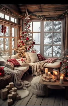 a living room filled with furniture and a christmas tree in the middle of the room