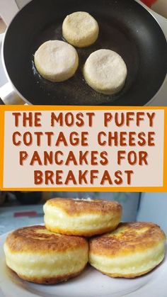 the most puffy cottage cheese pancakes for breakfast are shown in this collage