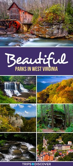 the cover of beautiful parks in west virginia with pictures of waterfalls, trees and buildings