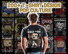 a man standing in front of a wall with stickers on it and the words, 200 + t - shirt design pop culture