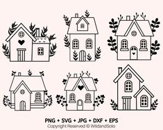 four houses with plants and hearts on them