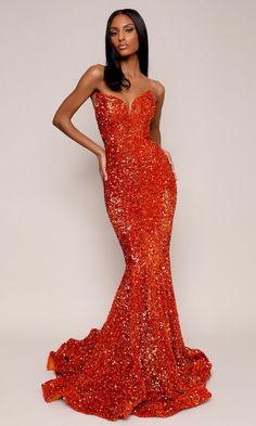 Portia & Scarlett Style PS21208- Burnt Orange Orange Prom Dresses Black Women, Burnt Orange Prom Dress, Orange Sequin Dress, Orange Mermaid, Orange Gown, Masquerade Ball Gown, Strapless Prom Dress, Strapless Neckline, Pretty Prom Dresses